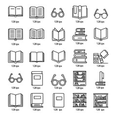 Outline icons of books, eyeglasses, and bookshelves, representing education, reading, and knowledge resources.
