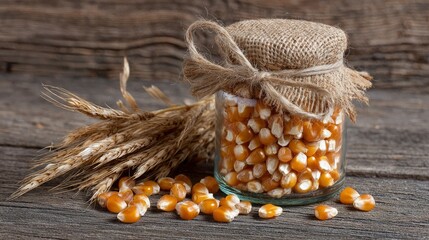 Rustic corn kernels jar twine and wheat