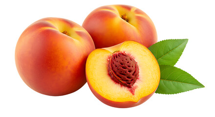 Fresh Nectarines with a Cut Half Revealing the Pit and Green Leaves on a Black Background for Stock Photography