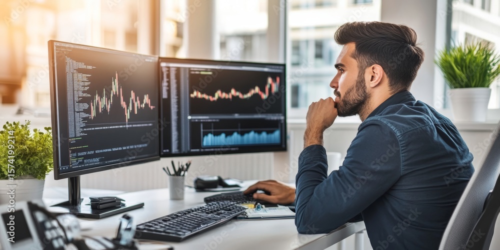Poster focused businessman analyzing extensive financial data on multiple screens with stock market graphs
