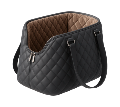 A stylish, quilted fabric pet carrier, suitable for transporting a small dog in an urban apartment setting.