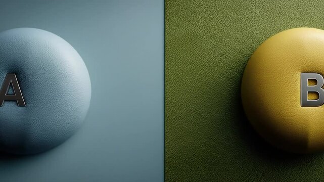 Choice, Decision, A vs B:  Dual-colored buttons representing a binary decision,  A and B options presented on textured surfaces.