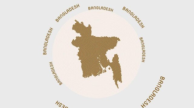 Bangladesh shape with dynamic circles visual effect. Animation of Bangladesh logo appearing from rotating rings and Country name around the shape. Intro, opening, closing, logo video.