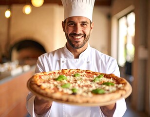 Chef presenting delicious pizza