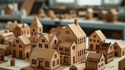 wooden house models on table