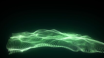 Abstract technology green wave in the center with motion dots and lines. AI in virtual reality on digital background. Wireframe texture. Dynamic analysis a network connection data. 3D rendering. - Powered by Adobe