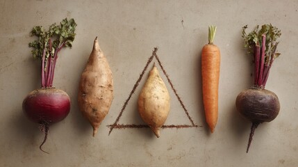 Root vegetables amidst earthy triangle design