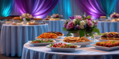 Banquet buffet with assorted appetizers and floral centerpiece on round tables with purple and blue draped background lighting