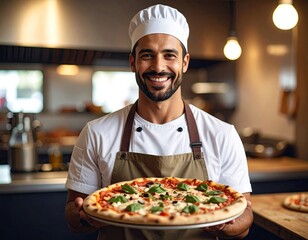 Chef proudly serving a pizza