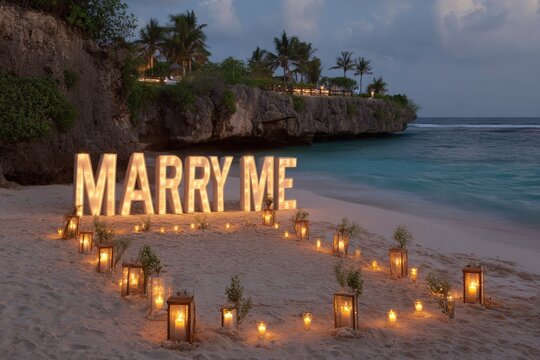 Marry me sign on a tropical beach with candles and ocean at dusk scenery - Powered by Adobe