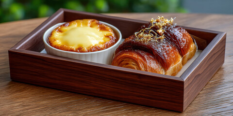 Golden baked cheese tart and croissant with caramel decoration served wooden tray wooden table with blurred green background