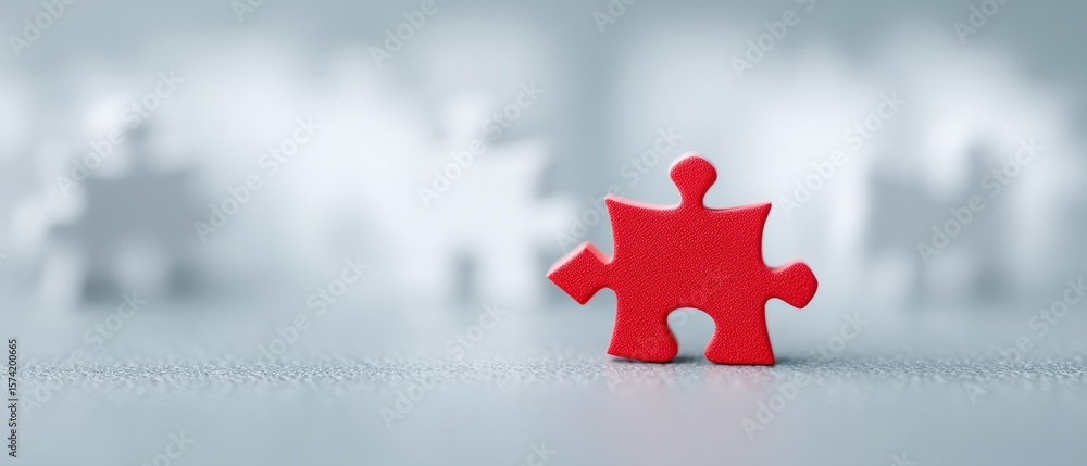 Poster solving the puzzle red piece on a gray surface conceptual image minimalist environment close-up view