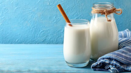 Fresh milk with cinnamon stick on rustic blue wood