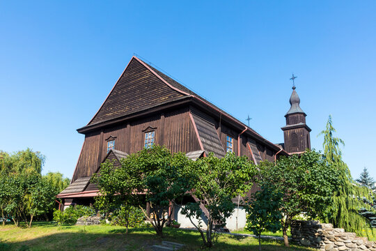 Ukraine Volyn region Kovel wooden catholic church on a summer day
