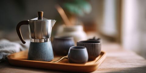 Moka pot and ceramic cups on wooden tray with soft natural light creating warm and cozy atmosphere in home setting