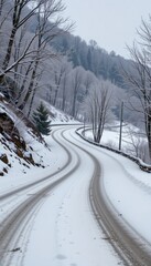 subject: a winter scene on a winding road, style: pastel, position the subject at the top of the image with ample copy space at the bottom