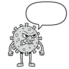 Aggressive cartoon virus with an angry expression stands ready to fight with a white speech bubble above, a funny take on health.