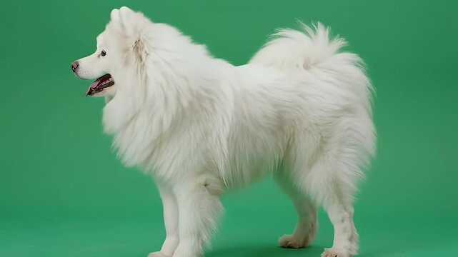Fluffy Samoyed Dog Portrait on Green Backdrop
