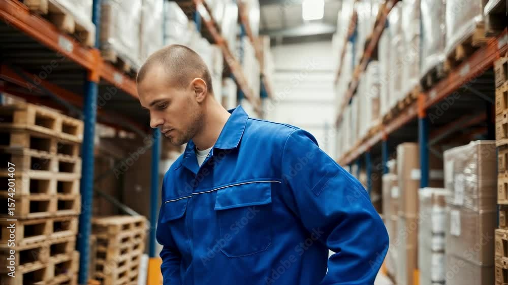Poster warehouse employee checking shipment data on mobile device amid stacked pallets.