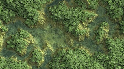 High-resolution dense forest texture map showcasing detailed green foliage and natural terrain surface, ideal for environmental modeling