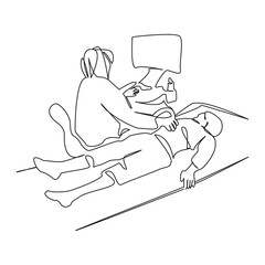 One continuous single drawing line art flat doodle child, examining, patient, ultrasound, technology, expertise, pain. Isolated image hand draw contour on a white background, hand drawn, not AI