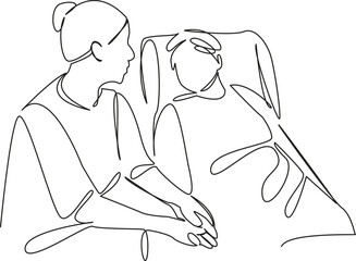 One continuous single drawing line art flat doodle mother, person, daughter, care, patient, hospital, recovery, disease. Isolated image hand draw contour on a white background, hand drawn, not AI