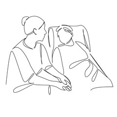 One continuous single drawing line art flat doodle mother, person, daughter, care, patient, hospital, recovery, disease. Isolated image hand draw contour on a white background, hand drawn, not AI