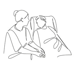 One continuous single drawing line art flat doodle mother, person, daughter, care, patient, hospital, recovery, disease. Isolated image hand draw contour on a white background, hand drawn, not AI