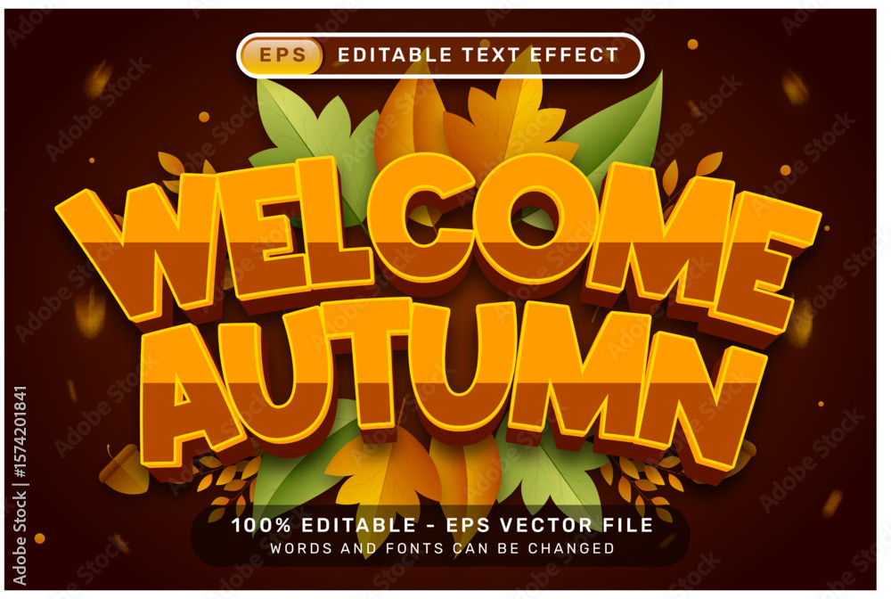 Poster welcome autumn 3d text effect and editable text effect with autumn leaves illustration