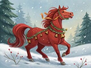 Traditional-Inspired Red Fire Horse Illustration with Ornamental Frame – Suitable for Festival Invitations and Holiday Prints