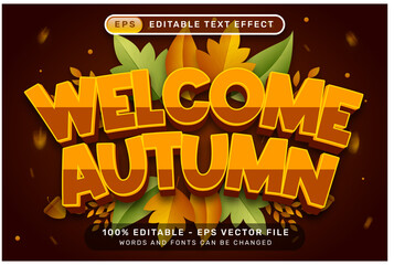 welcome autumn 3d text effect and editable text effect with autumn leaves illustration	