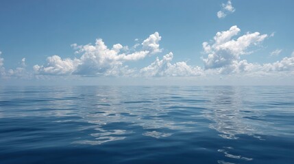 Calm sea reflects cloudy blue sky