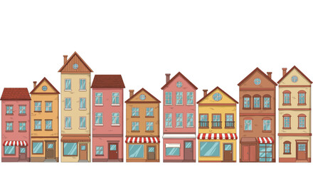 Fototapeta premium Colorful row of cartoon buildings creates a charming cityscape, perfect for illustrating urban life and neighborhood design.
