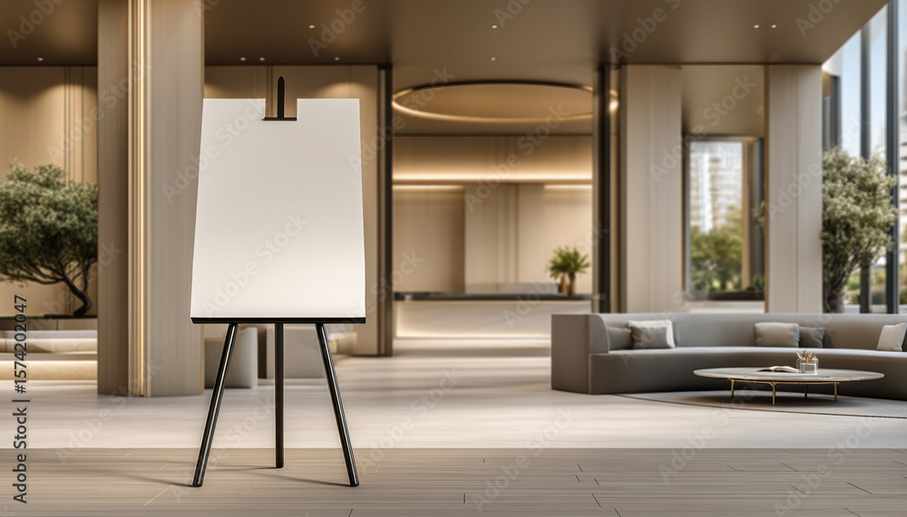 Poster blank whiteboard on easel stands in modern spacious lobby with sofa and large windows creating calm 