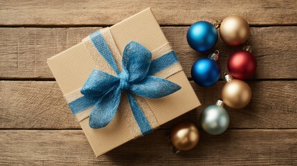A brown gift box with Christmas ornaments on wooden boards