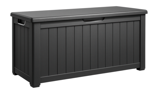 Large cushion storage box for a garden shed, constructed from robust polypropylene with a reinforced lid.
