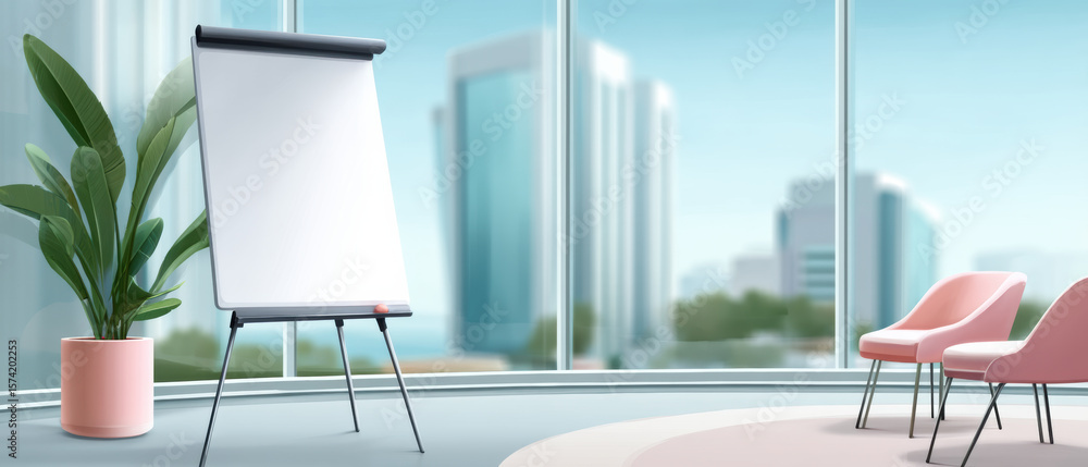 Poster whiteboard on easel in modern office with large windows and pink chairs creating calm and bright wor