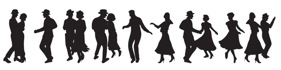 Beautiful set of dancing couples in silhouette black style illustrations isolated on white. Concept of dancing classes, jazz, classic dance. Dancing classes, retro theater performance show, party time