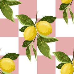 Seamless pattern colorful illustration of lemon branches with fresh yellow lemons and green leaves. A  pink background, vibrant botanical composition perfect for kitchen prints