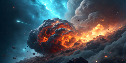 Massive cosmic explosion with fiery nebula and glowing debris
