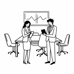 Two happy professional business people team Asian woman and Latin man workers working using digital tablet tech discussing financial market data standing at corporate office meeting