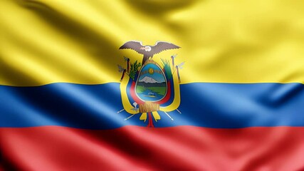 The national flag of Ecuador, with yellow, blue, and red stripes and a central coat of arms, waving in a seamless loop. Realistic 3D rendered animation with silky fabric texture.