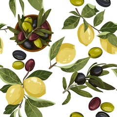 Seamless pattern colorful illustration of lemon branches with fresh yellow lemons and green leaves colorful olives. A  white background, vibrant botanical composition perfect for kitchen prints