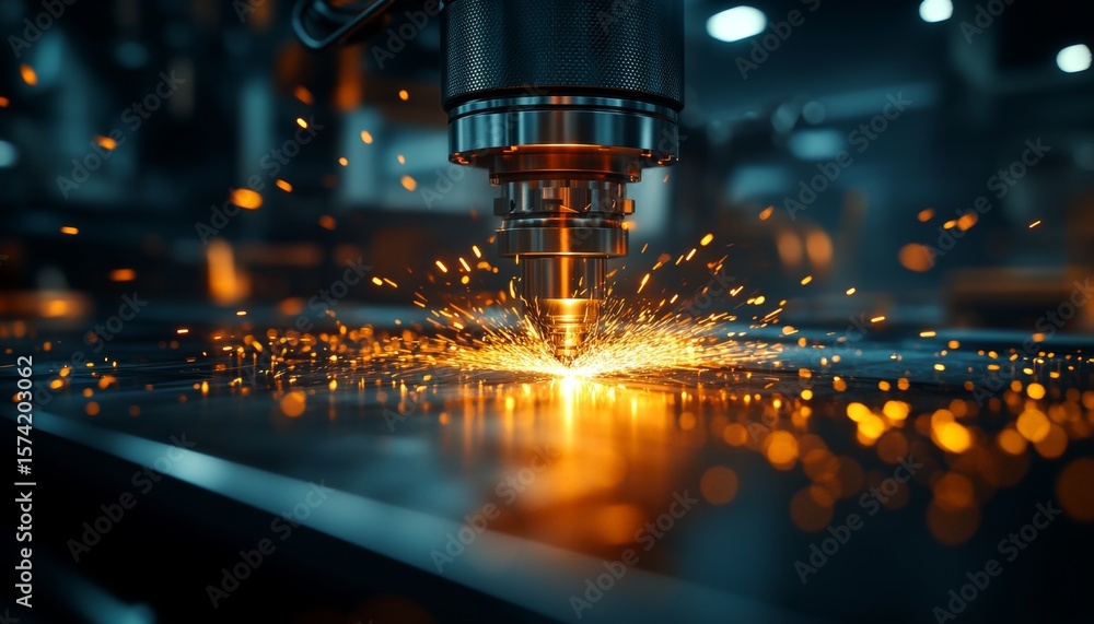 Poster precision machining in progress automated metal cutting sparks and shavings in closeup