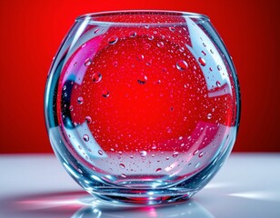 create a striking image featuring the refraction of light through textured glass, set against a warm, dazzling red background