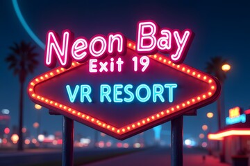 Retro-futuristic sign in bubble text saying “Neon Bay Exit 19 – VR Resort.”
