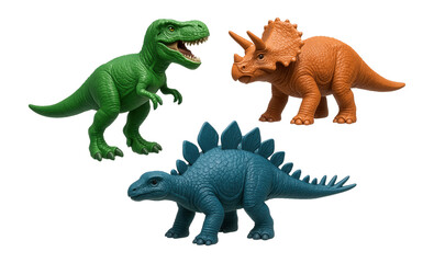 A set of miniature plastic dinosaur figurines for a child's bedroom shelf.