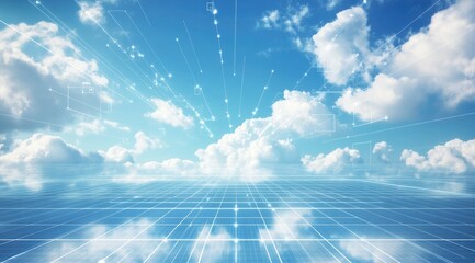 Digital grid over a cloud-filled sky