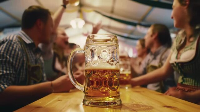inside packed beer oktoberfest tent at night, warm, golden light with people talking, toasting and celebrating in background. massive beer steins on tables.