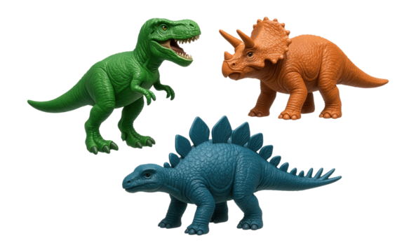 A set of miniature plastic dinosaur figurines for a child's bedroom shelf.
